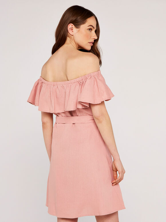 Ruffle Bardot Linen Dress, Pink, large