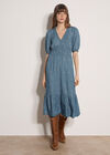 Floral Embroidered Denim Midi Dress, Blue, large