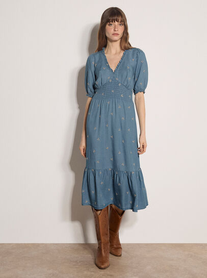 Floral Embroidered Denim Midi Dress