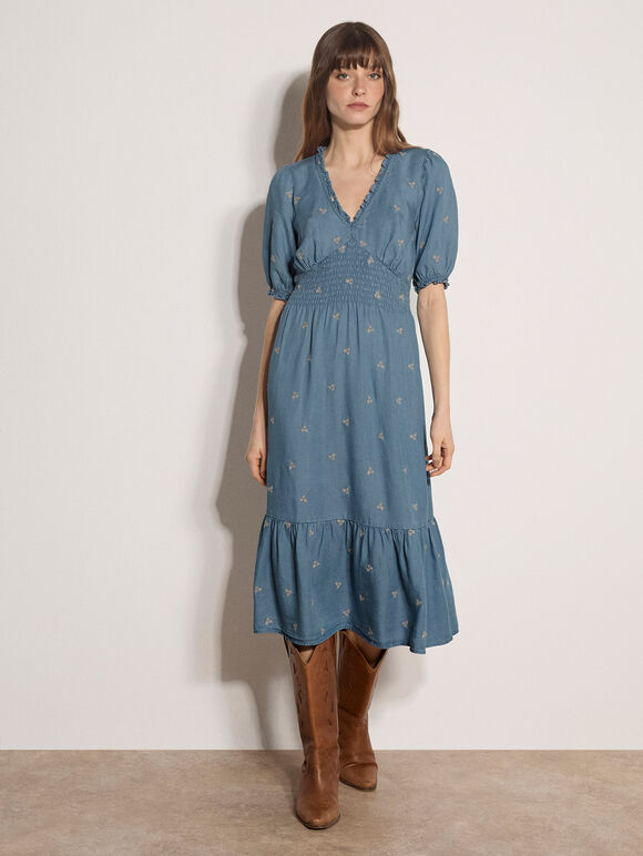 Floral Embroidered Denim Midi Dress, Blue, large