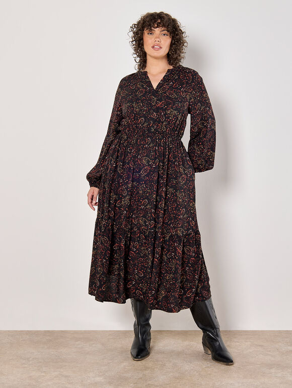 Curve Painterly Paisley Midi Dress, Black, large
