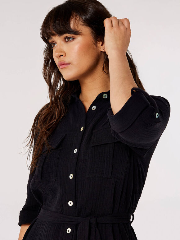 Tera Cotton Shirt Midi Dress, Black, large