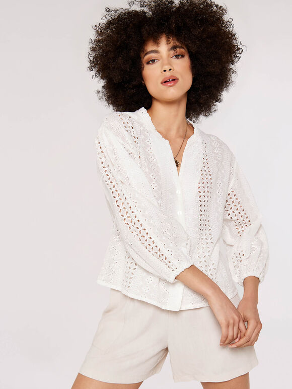 Broderie Puff Sleeve Shirt, Cream, large