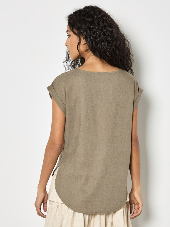 Crochet Pocket Linen Blend T-Shirt, Khaki, large