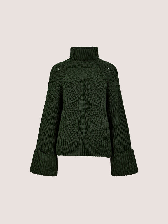 Chunky Knit Roll Neck Jumper, Green, large