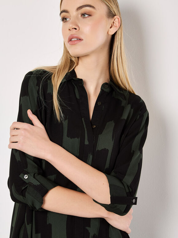 Abstract Lines Shirt Midi Dress, Green, large