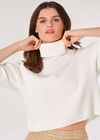 Ribbed Roll Neck Cropped Jumper, Cream, large