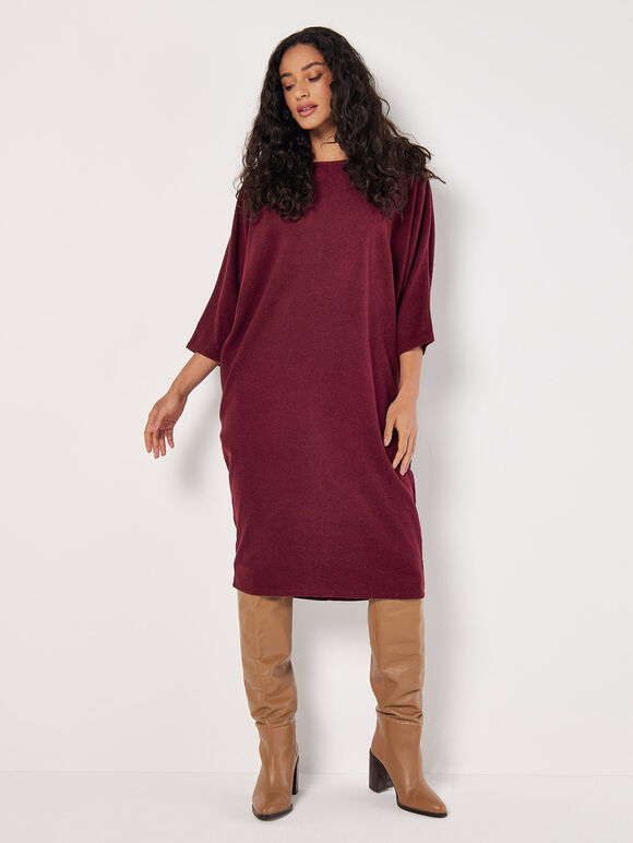 Ribbed Knit Cocoon Midi Dress, Burgundy, large