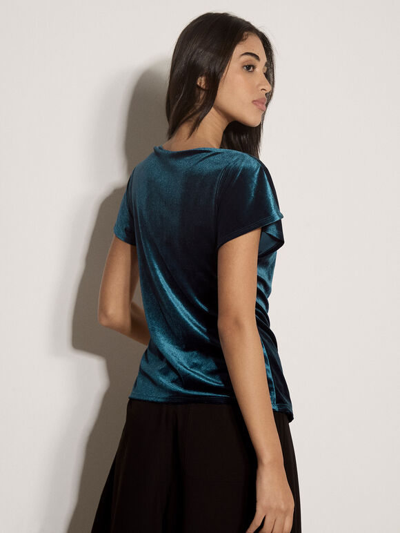 Asymmetric Ruched Velvet Top, Teal, large
