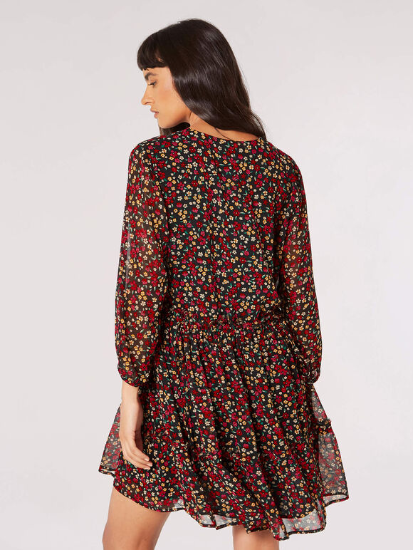 Ditsy Floral Ruched Mini Dress, Black, large