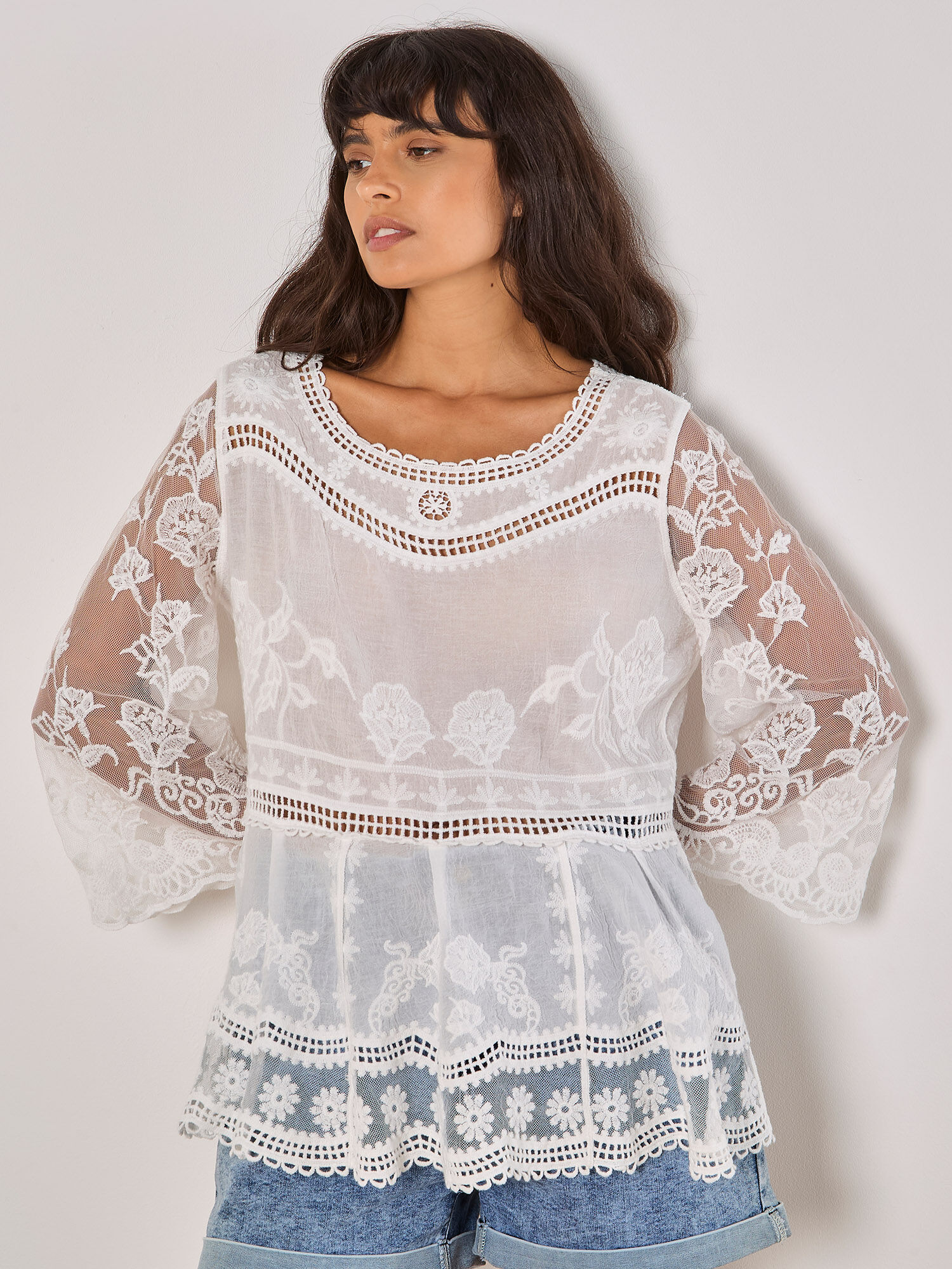 white mesh embroidered top