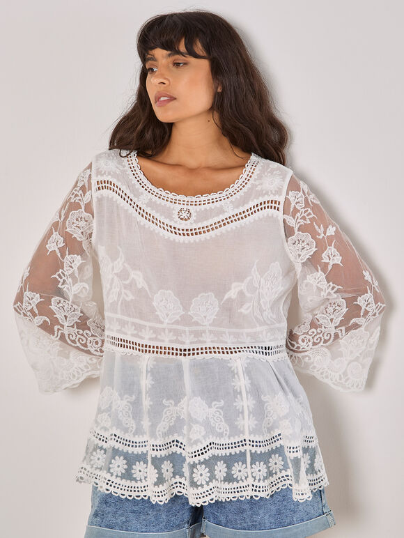 Embroidered Mesh Oversized Top, White, large
