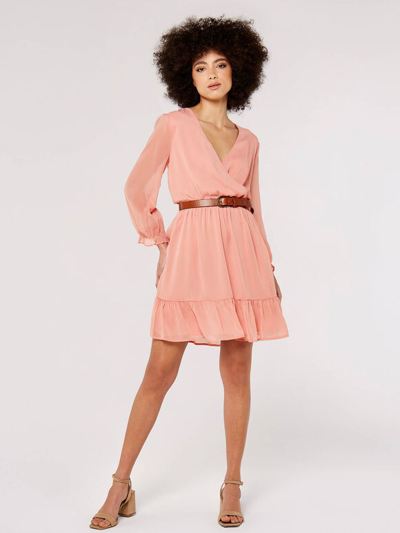 Crinkle Chiffon Wrap Mini Dress, Pink, large