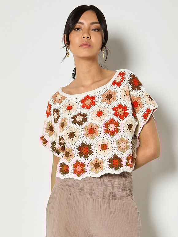 Hexagon Flowers Crochet Top, Orange, large