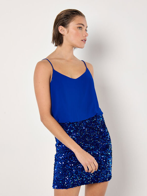 Chiffon Sequin Cami Mini Dress, Blue, large