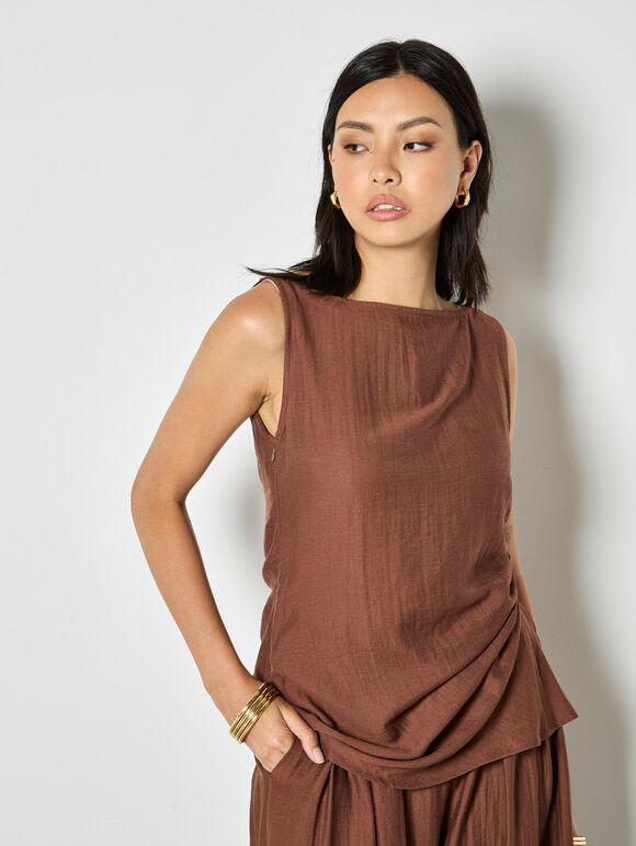 Side Knot Woven Top, Brown, large