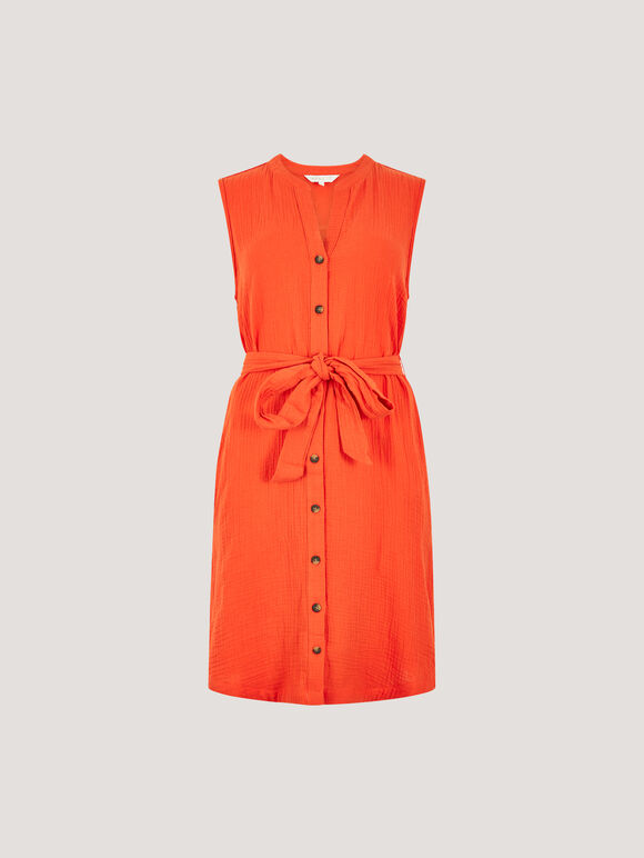 Textured Cotton Button Down Mini Dress, Orange, large