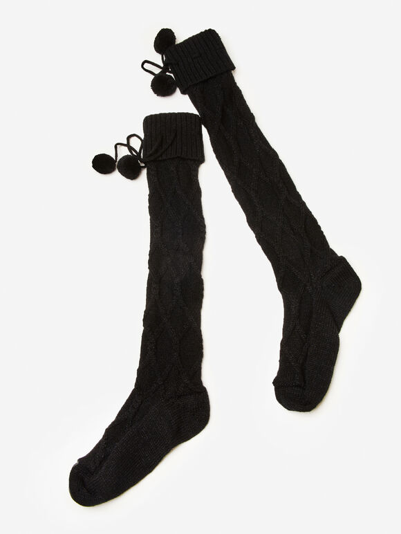 Pom Pom Knit Knee High Socks, Black, large