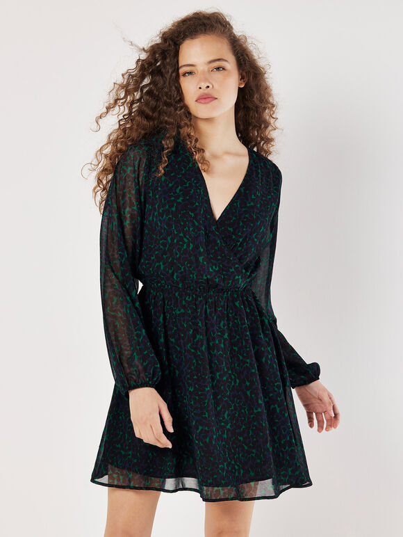 Animal Print Wrap Mini Dress, Green, large