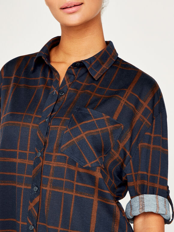 Navy Check Drop Shoulder Shirt, Navy, large