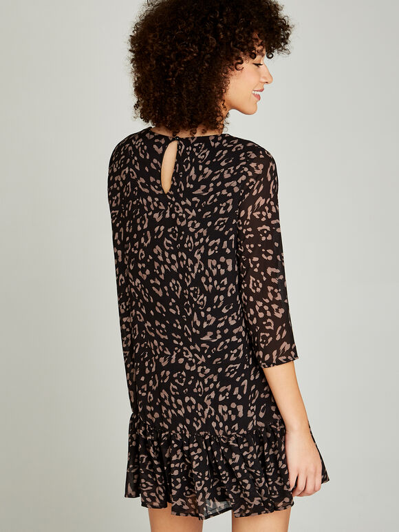 Black Leopard Chiffon Ruffle Hem Dress, Black, large
