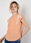 Floral Embroidered Crepe Top, Peach, large