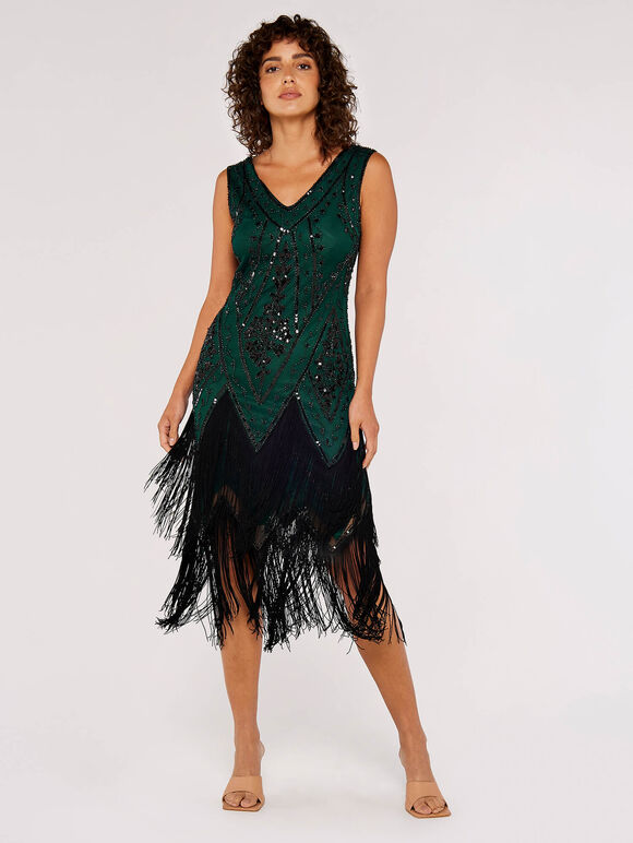 Sequin Tassel Fringe Mini Dress , Green, large