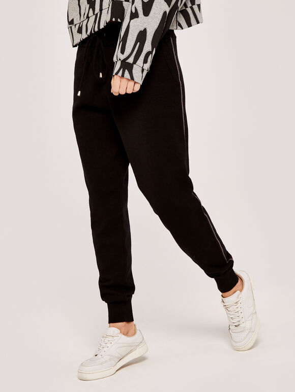 Drawstring Knitted Joggers, Black, large