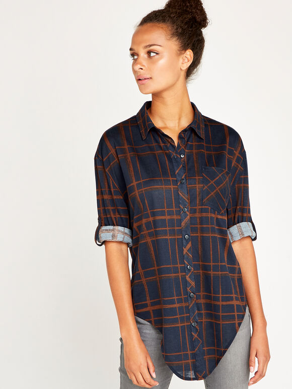 Navy Check Drop Shoulder Shirt, Navy, large