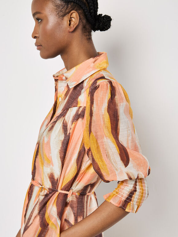 Painterly Swirls Shirt Mini Dress, Coral, large