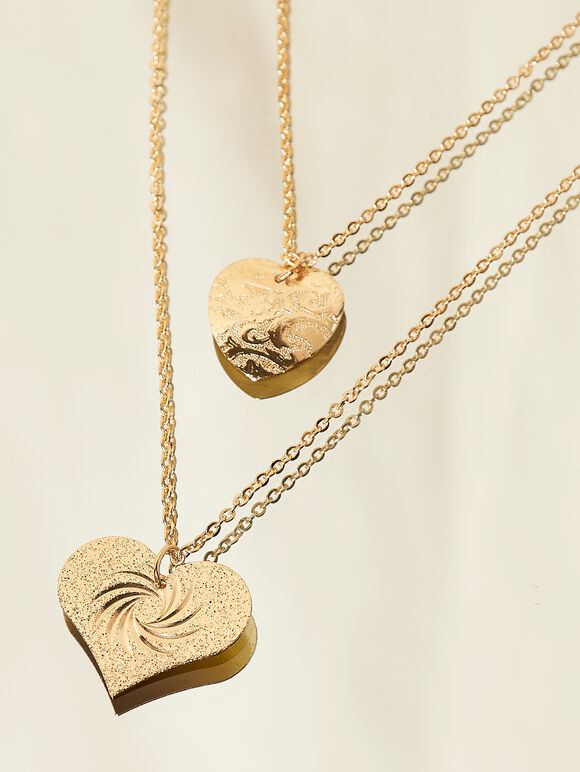 Gold Double Heart Layered Necklace, Assorted, large