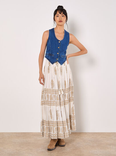 Gold Foil Paisley Tiered Maxi Skirt