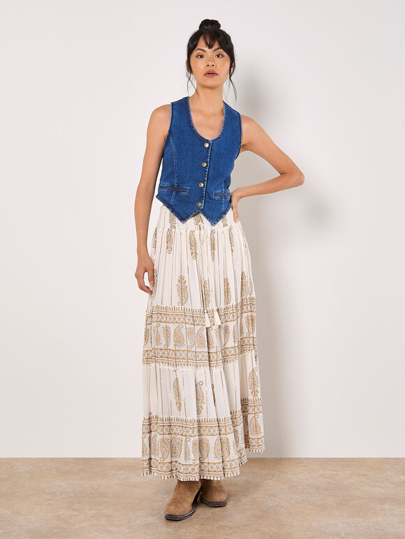 Gold Foil Paisley Tiered Maxi Skirt, Cream, large