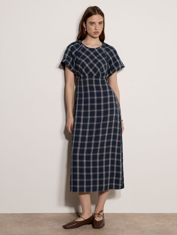 Check Print Midaxi Dress, Navy, large