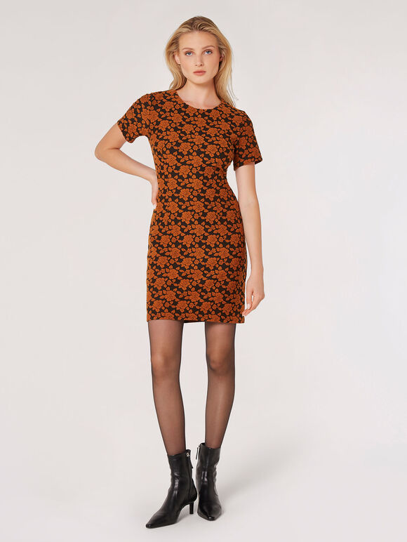 Rose Jacquard Mini Dress, Rust, large