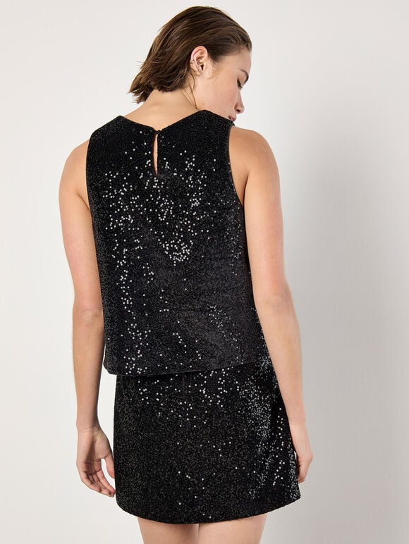 Sequin Velvet Sleeveless Top, Black, large