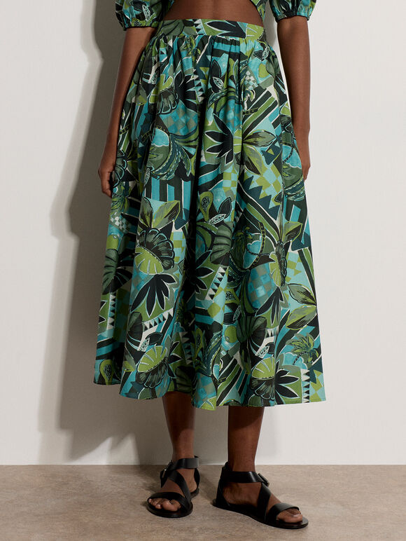 Tropical Leaf Patchwork Cotton Midi Skirt, Aqua - Turquoise, large