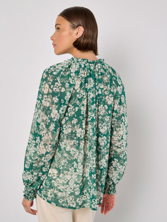 Blurred Floral Chiffon Blouse, Green, large