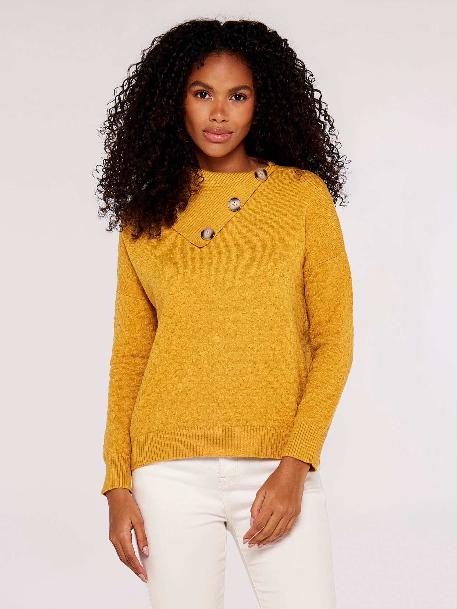 Button Neck Textured Jumper Apricot Clothing