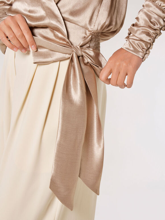 Textured Satin Wrap Top, Stone, large