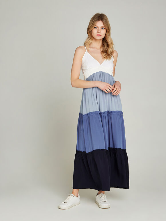 Blue Colourblock Maxi Dress, Blue, large
