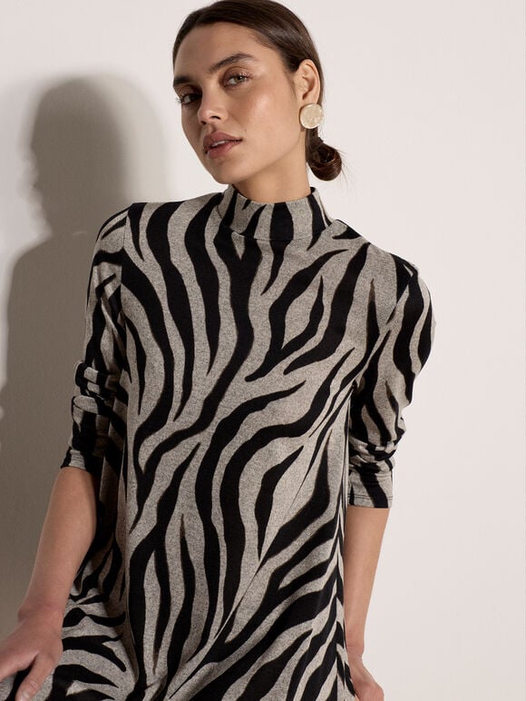 Zebra Print Swing Mini Dress, Stone, large