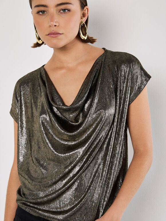 Metallic Foil Cowl Neck Top, Yellow, large