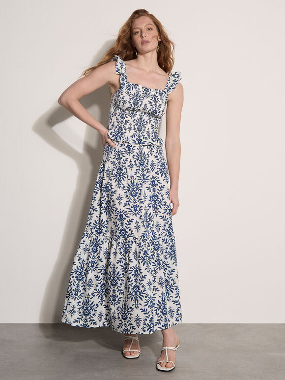 Folk Ikat Print Tiered Maxi Skirt
, Cream, large