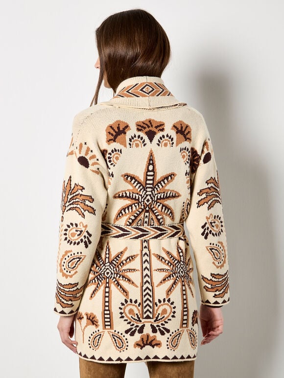 Chevron Palm Belted Cardigan, Stone, large