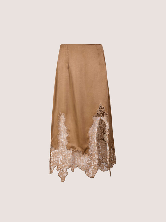 Lace Hem Satin Midi Skirt, Gold, large