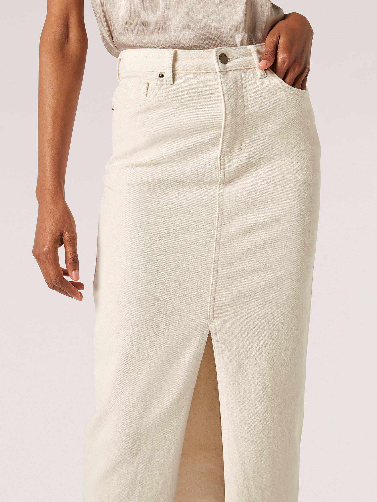 Split Seam Denim Midi Skirt Apricot Clothing