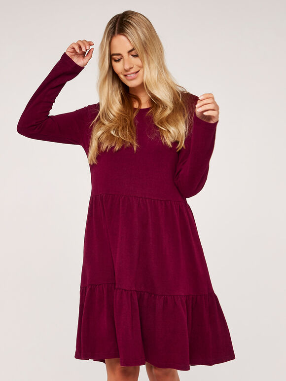 Tiered Long Sleeve Dress, Burgundy, large