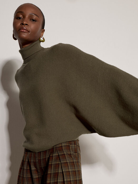 Ribbed Knit Batwing Cape Jumper, Khaki, large