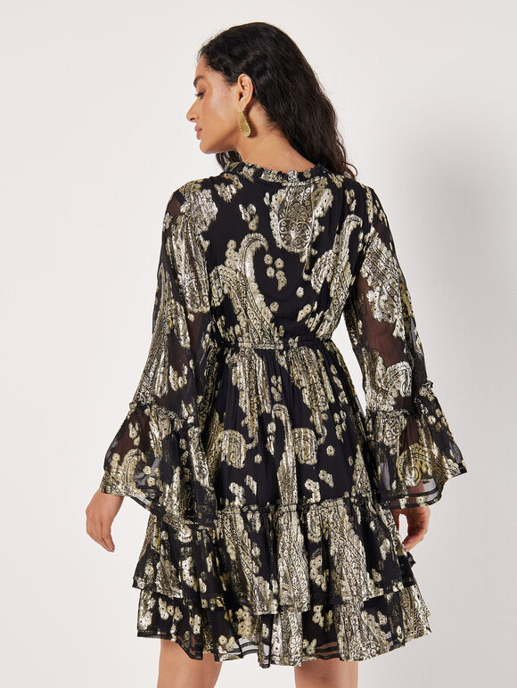 Gold Foil Paisley Mini Dress, Black, large